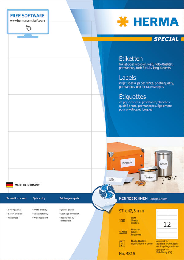 Inkjet Labels A4, 97 x 42.3mm, White, Permanent Adhesion - Image 2