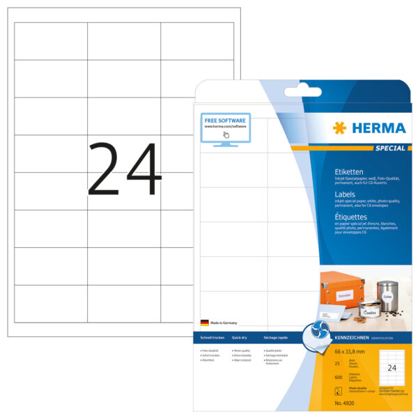 Inkjet Labels A4, 66 x 33.8mm, White, Permanent Adhesion