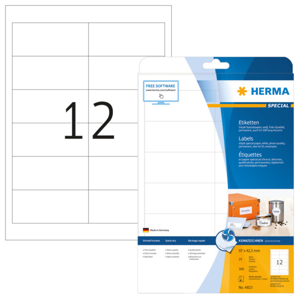 Inkjet Labels A4, 97 x 42.3mm, White, Permanent Adhesion