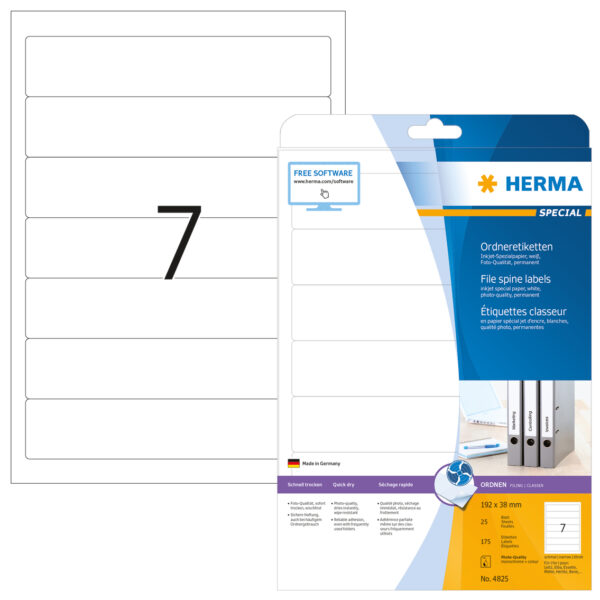 Inkjet File Spine Labels A4, 192 x 38mm, White, Permanent Adhesion, for Narrow Files (Short)