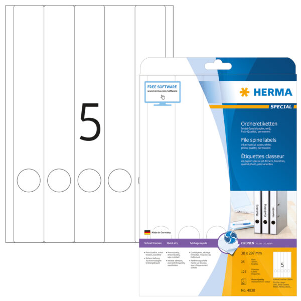 Inkjet File Spine Labels A4, 38 x 297mm, White, Permanent Adhesion, for Narrow Files (Long)
