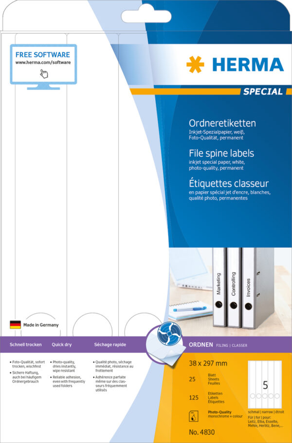 Inkjet File Spine Labels A4, 38 x 297mm, White, Permanent Adhesion, for Narrow Files (Long) - Image 2