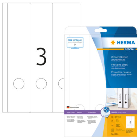 Inkjet File Spine Labels A4, 61 x 297mm, White, Permanent Adhesion, for Wide Files (Long)