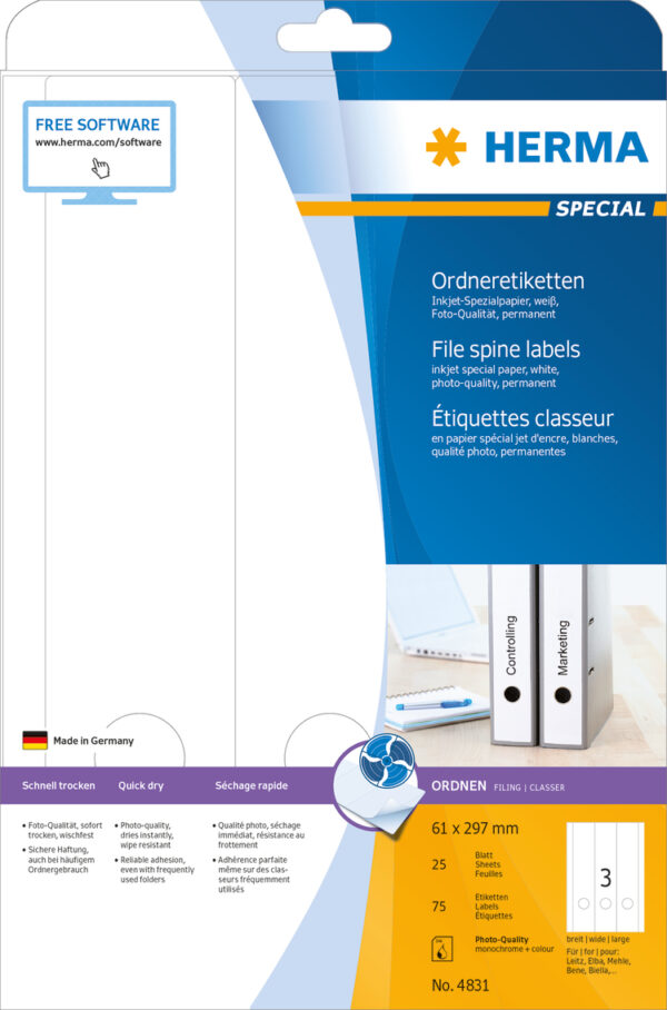 Inkjet File Spine Labels A4, 61 x 297mm, White, Permanent Adhesion, for Wide Files (Long) - Image 2