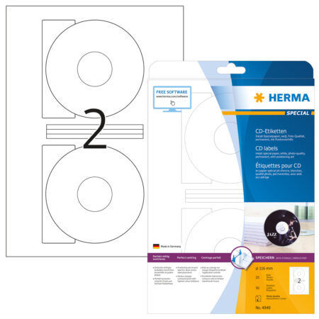 Inkjet CD Labels A4, 116mm, White, Permanent Adhesion