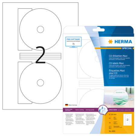Inkjet CD Labels A4, 116mm, Maxi, White, Permanent Adhesion