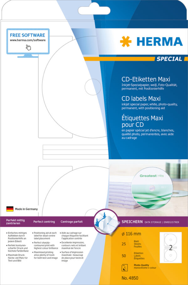 Inkjet CD Labels A4, 116mm, Maxi, White, Permanent Adhesion - Image 2