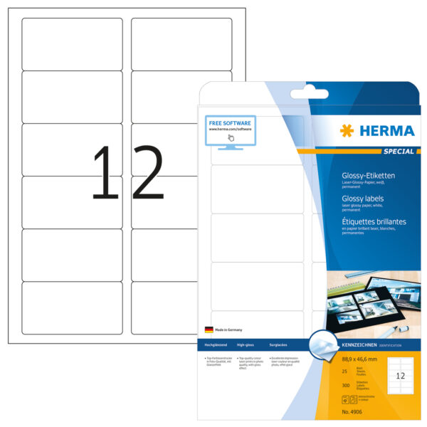 High-Gloss Labels A4, 88.9 x 46.6mm, White, Permanent Adhesion