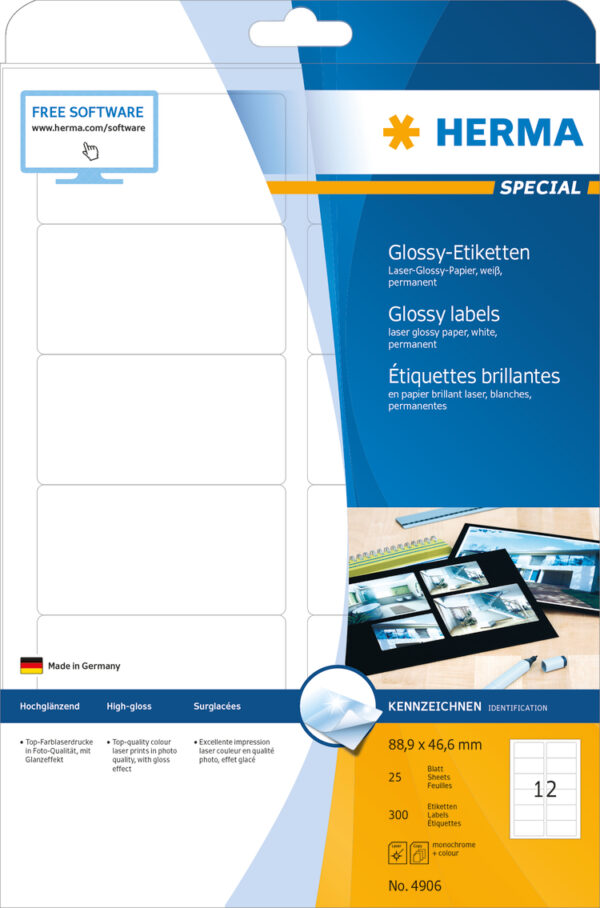 High-Gloss Labels A4, 88.9 x 46.6mm, White, Permanent Adhesion - Image 2