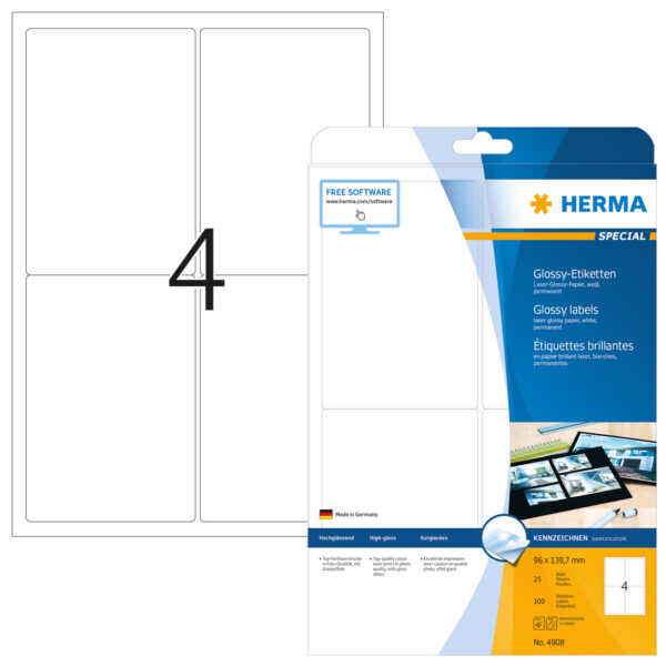 High-Gloss Labels A4, 96 x 139.7mm, White, Permanent Adhesion