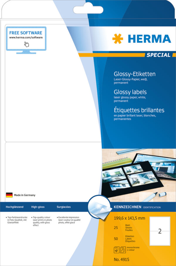 High-Gloss Labels A4, 199.6 x 143.5mm, White, Permanent Adhesion - Image 2