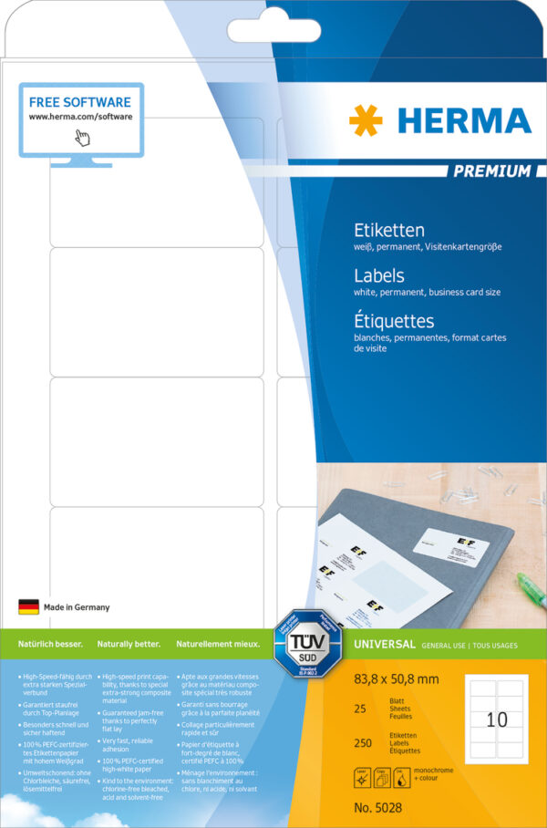 Premium Labels A4, 83.8 x 50.8mm, White, Permanent Adhesion - Image 2
