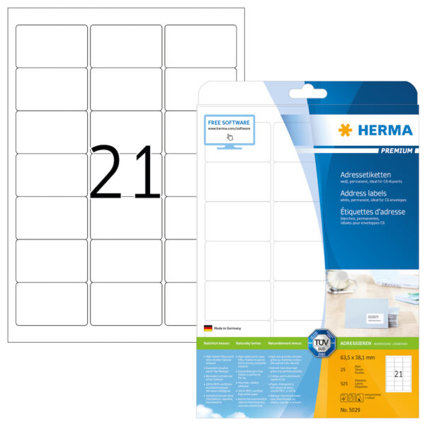 Premium Address Labels A4, 63.5 x 38.1mm, White, Permanent Adhesion