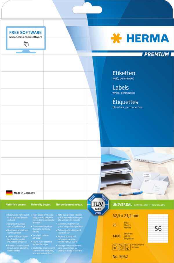 Premium Labels A4, 52.5 x 21.2mm, White, Permanent Adhesion - Image 2