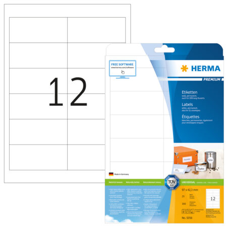 Premium Labels A4, 97 x 42.3mm, White, Permanent Adhesion