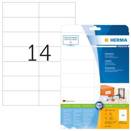 Premium Labels A4, 105 x 42.3mm, White, Permanent Adhesion