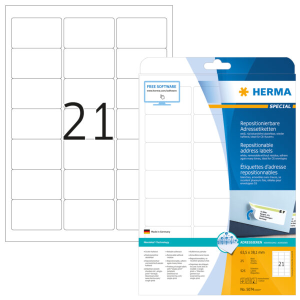 Removable Address Labels A4, 63.5 x 38.1mm, White, Movables Technology