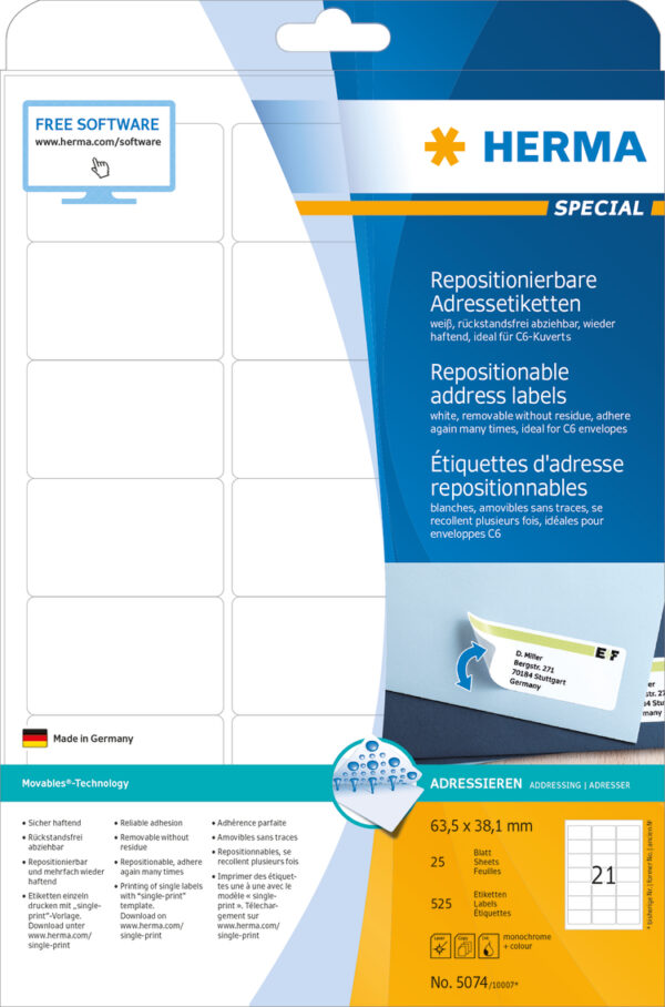 Removable Address Labels A4, 63.5 x 38.1mm, White, Movables Technology - Image 2