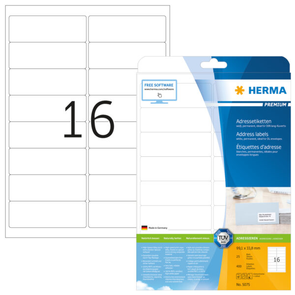Premium Address Labels A4, 99.1 x 33.8mm, White, Permanent Adhesion