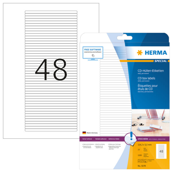 Labels for CD Box A4, 114.3 x 5.5mm, White, Permanent Adhesion