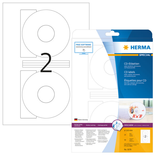 CD Labels A4, 116mm, White Opaque, Permanent Adhesion