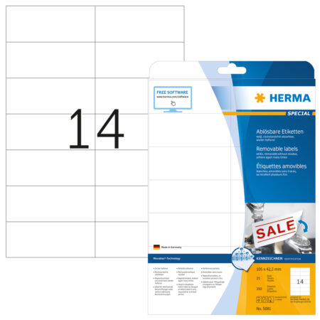 Removable Labels A4, 105 x 42.3mm, White, Movables Technology