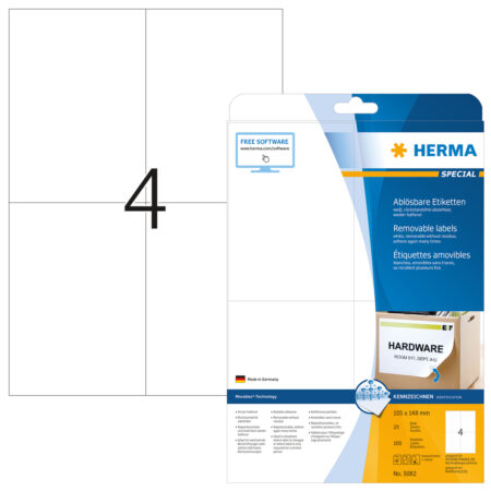 Removable Labels A4, 105 x 148mm, White, Movables Technology