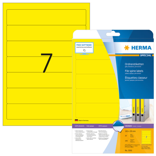 File Labels A4, 192 x 38mm, Yellow, Opaque, for Narrow Files (Short) - Image 2