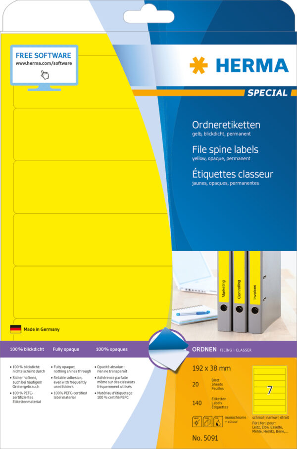 File Labels A4, 192 x 38mm, Yellow, Opaque, for Narrow Files (Short) - Image 3