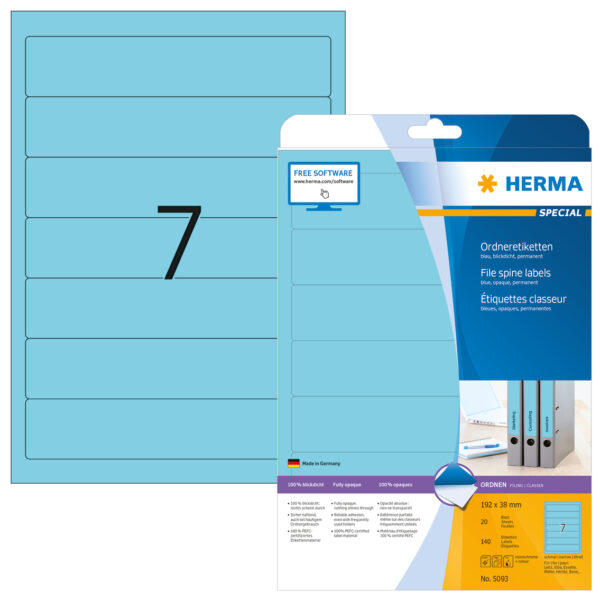 File Labels A4, 192 x 38mm, Blue, Opaque, for Narrow Files (Short) - Image 2