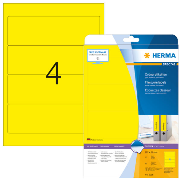File Labels A4, 192 x 61mm, Yellow, Opaque, for Wide Files (Short) - Image 2