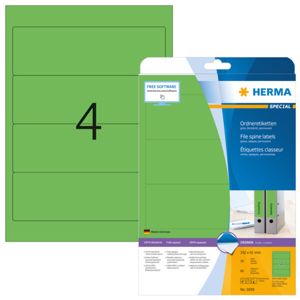 File Labels A4, 192 x 61mm, Green, Opaque, for Wide Files (Short) - Image 2