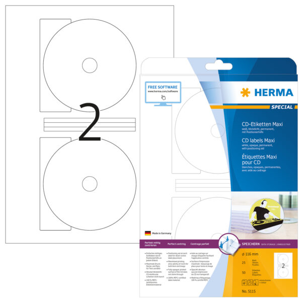 CD Labels Maxi A4, 116mm, White Opaque, Permanent Adhesion