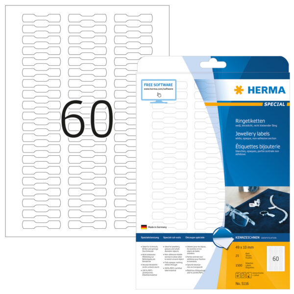 Jewellery Labels A4, 49 x 10mm, White, Opaque, with Strong Adhesion