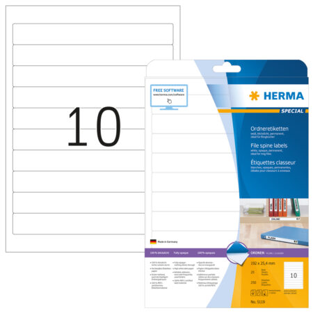 File Labels A4, 192 x 25.4mm, White, Opaque, for Narrow Files (Short)