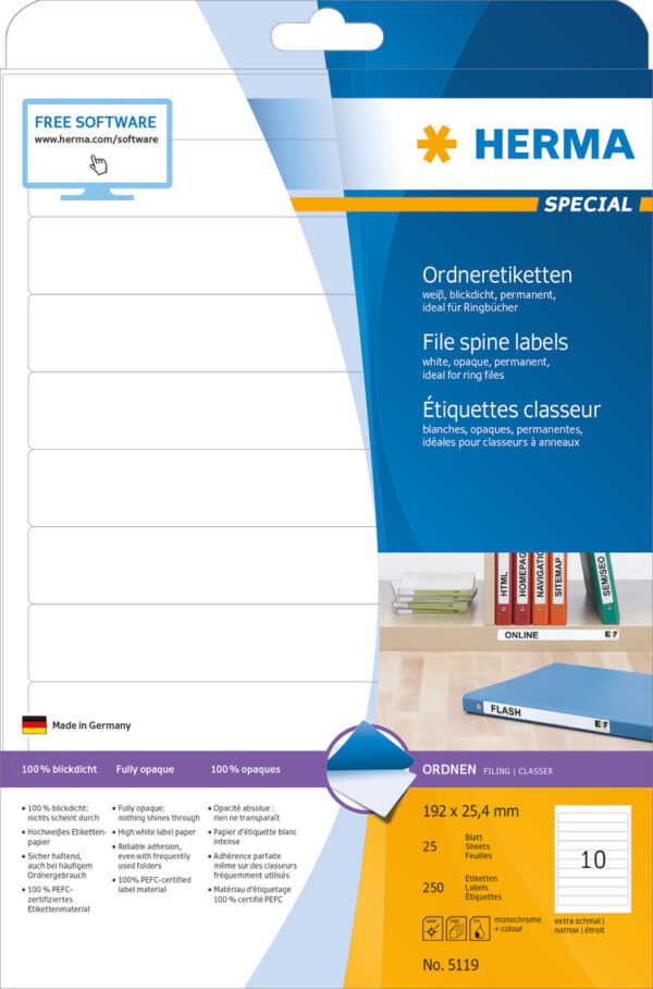 File Labels A4, 192 x 25.4mm, White, Opaque, for Narrow Files (Short) - Image 2