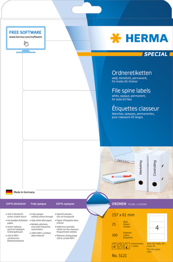 File Labels A4, 157 x 61mm, for A5 Files White, Opaque, for Wide Files - Image 2