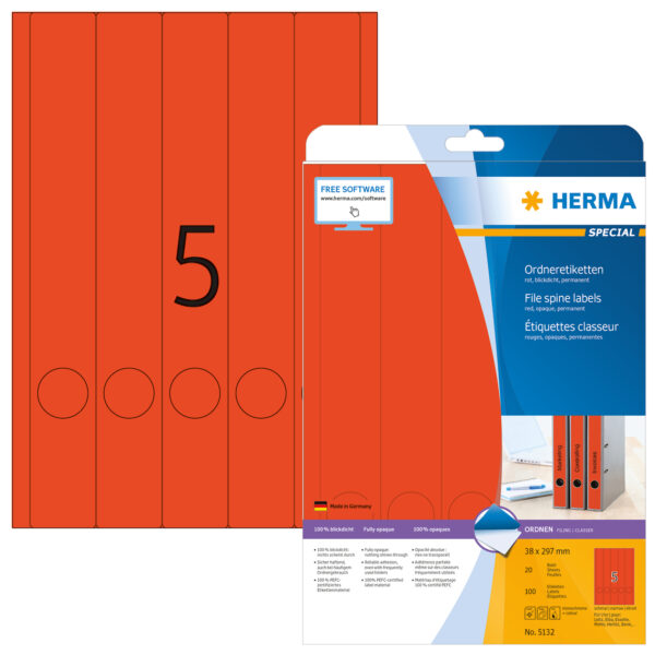 File Labels A4, 38 x 297mm, Red, Opaque, for Narrow Files (Long) - Image 2