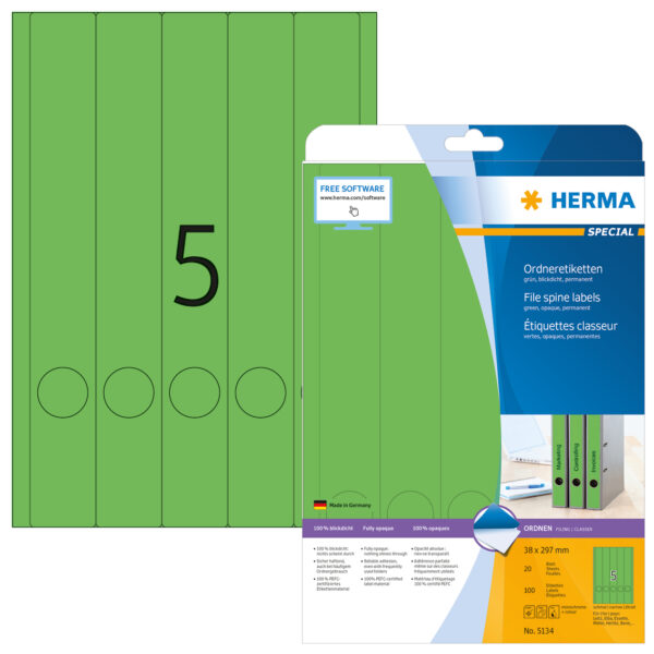 File Labels A4, 38 x 297mm, Green, Opaque, for Narrow Files (Long) - Image 2