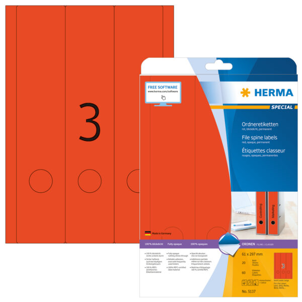 File Labels A4, 61 x 297mm, Red, Opaque, for Narrow Files (Long) - Image 2