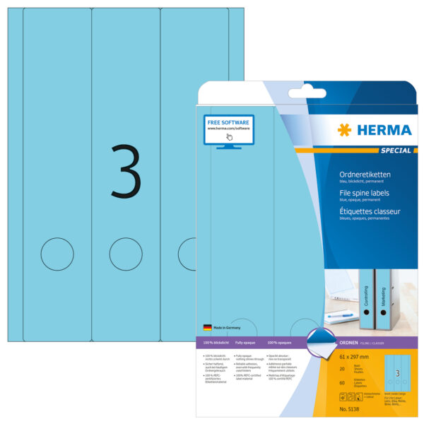 File Labels A4, 61 x 297mm, Blue, Opaque, for Narrow Files (Long) - Image 2