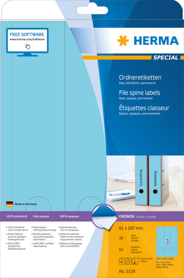File Labels A4, 61 x 297mm, Blue, Opaque, for Narrow Files (Long) - Image 3