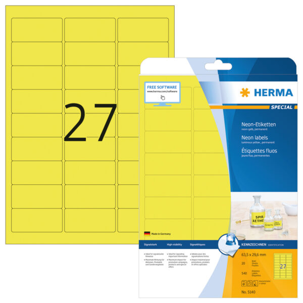 Neon Labels A4, 63.5 x 29.6mm, Luminous Yellow Permanent Adhesion