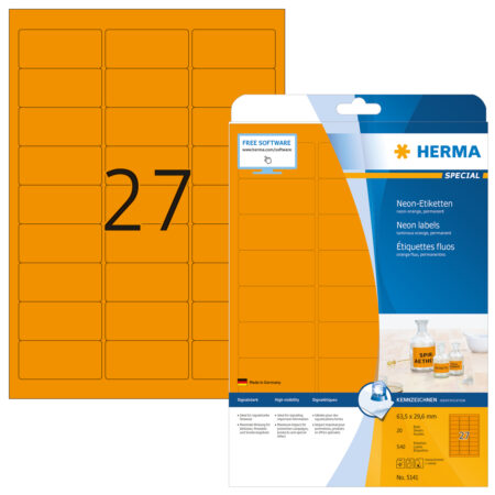 Neon Labels A4, 63.5 x 29.6mm, Luminous Orange Permanent Adhesion