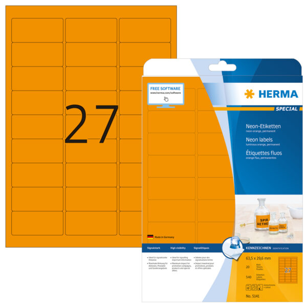 Neon Labels A4, 63.5 x 29.6mm, Luminous Orange Permanent Adhesion