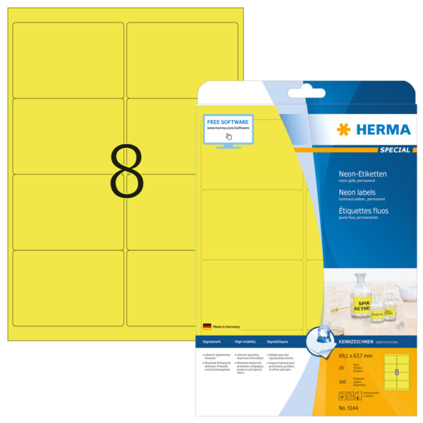 Neon Labels A4, 99.1 x 67.7mm, Luminous Yellow Permanent Adhesion