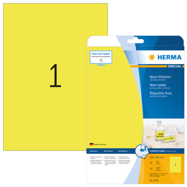 Neon Labels A4, 210 x 297mm, Luminous Yellow Permanent Adhesion