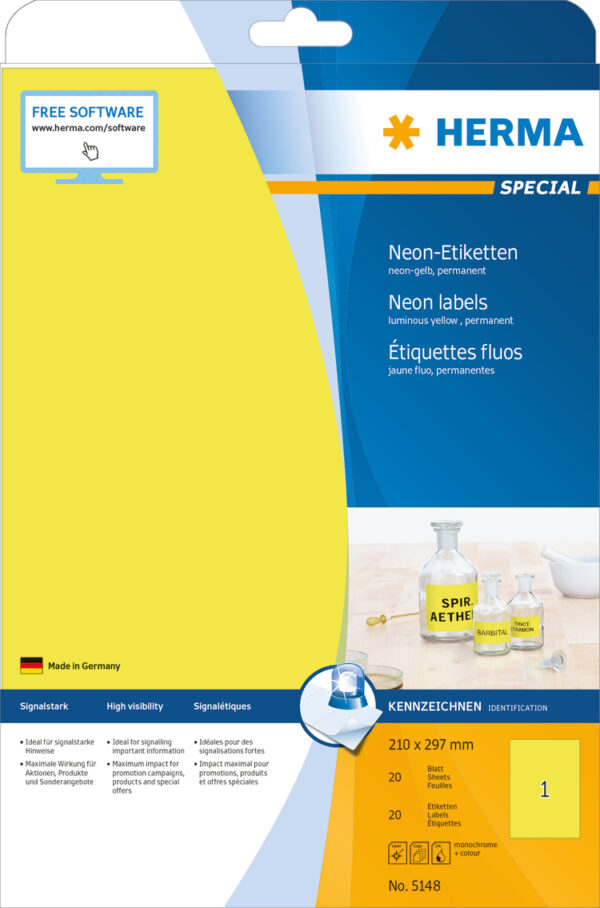 Neon Labels A4, 210 x 297mm, Luminous Yellow Permanent Adhesion - Image 2