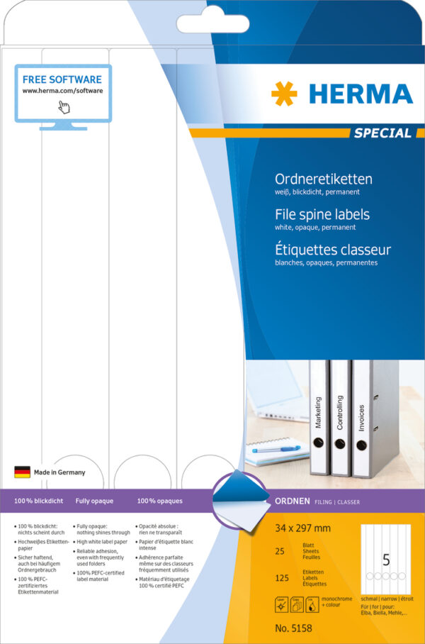 File Labels A4, 34 x 297mm, White, Opaque, for Narrow Files (Long) - Image 2