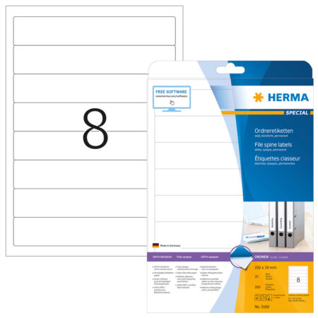 File Labels A4, 192 x 34mm, White, Opaque, for Narrow Files (Short)